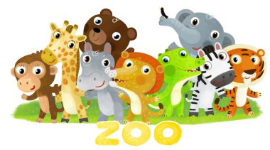 Hayvanat bahçesindeki hayvanların olduğu karikatür sahnesi. Arkadaşlarla birlikte lunaparkta beyaz arka planda çocuklar için metin illüstrasyonu için yer var.