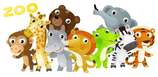 Cartoon Zoo Scène Met Dierentuin Dieren Vrienden Samen Pretpark Witte — Stockfoto