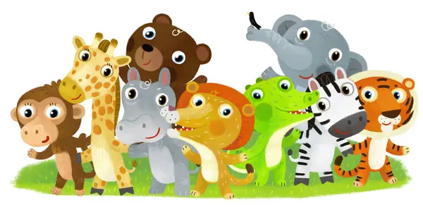 子供のためのテキストイラストのためのスペースと白い背景の遊園地で動物の友人と漫画動物園のシーン — ストック写真