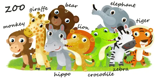 Escena Del Zoológico Dibujos Animados Con Animales Del Zoológico Amigos —  Fotos de Stock