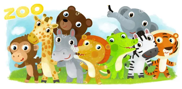 动画片动物园的场景 与动物园的动物朋友一起在游乐园的白色背景下 空间为孩子们提供文字说明 — 图库照片