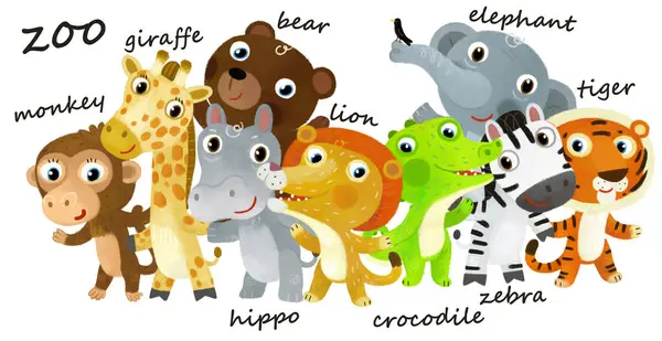Cena Zoológico Desenhos Animados Com Animais Zoológico Amigos Juntos Parque Imagens De Bancos De Imagens