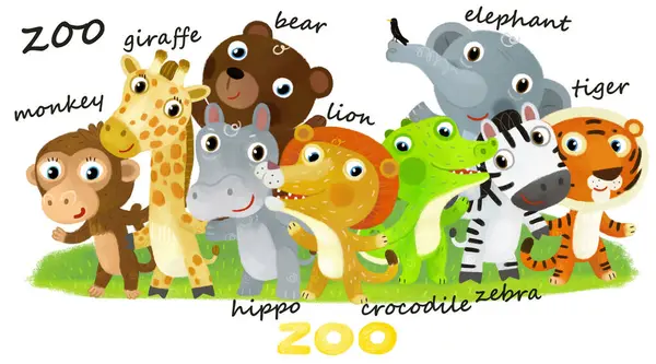 Cena Zoológico Desenhos Animados Com Animais Zoológico Amigos Juntos Parque Fotos De Bancos De Imagens Sem Royalties
