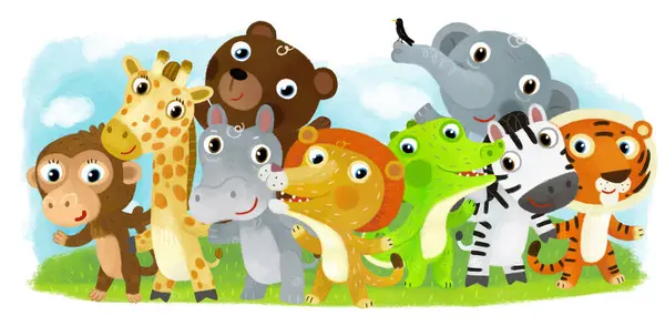 Cartoon Zoo Scène Met Dierentuin Dieren Vrienden Samen Pretpark Witte Stockfoto