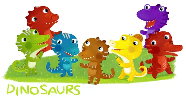 Rajzfilm Jelenet Dino Dinoszauruszok Vagy Sárkányok Barátok Játék Szórakozás Gyermekkor Stock Kép