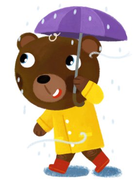 Mutlu ayı çocuğun yağmurda şemsiyeyle gezdiği çizgi film sahnesi. Çocuklar için sarı yağmurluk resimleriyle eğleniyor.