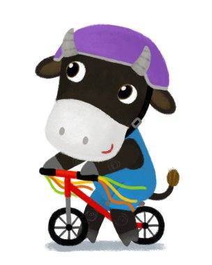 Çizgi film sahnesinde çiftçi çocuk inek boğası çocuklar için bisiklet çizimine biniyor.