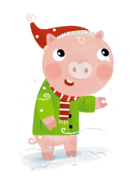 Kreskówka Scena Szczęśliwy Mały Świnka Śniegu Zabawy Zimie Ilustracja Dla — Zdjęcie stockowe
