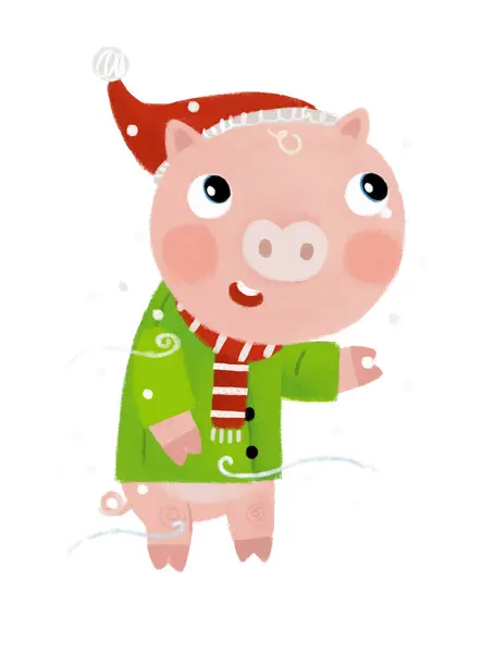 Cartoon Scene Happy Little Pig Snow Having Fun Winter Illustration Royalty Free Stock Photos