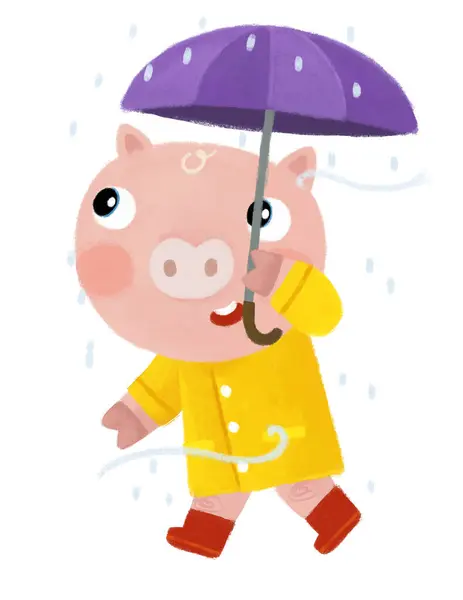 Мультяшна Сцена Щасливим Фермером Свинячим Хлопчиком Подорожі Парасолькою Під Дощем Стокове Зображення