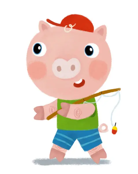 Cartoon Scene Farm Pig Boy Child Walking Fish Smiling Looking Stock Image