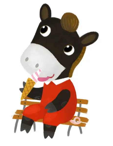 Escena Dibujos Animados Con Niña Vaca Comiendo Helado Sentado Banco Imagen de archivo