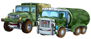 İki askeri araçlı karikatür sahnesi çocuklar için izole edilmiş arka plan çizimi