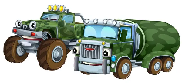 子供のための2つの軍隊車の車のテーマの孤立した背景のイラストが付いている漫画のシーン ストック画像