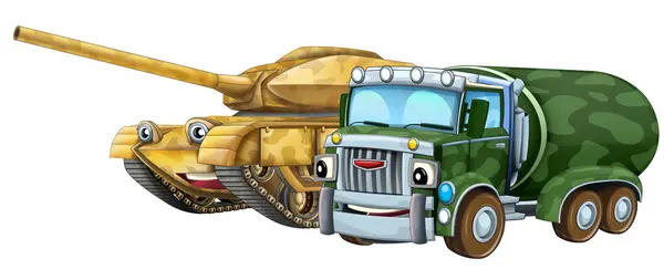 子供のための2つの軍隊車の車のテーマの孤立した背景のイラストが付いている漫画のシーン ロイヤリティフリーのストック写真