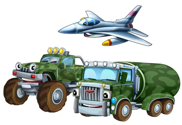 Cartoon Scene Two Military Army Cars Vehicles Flying Jet Fighter — Stock Photo, Image