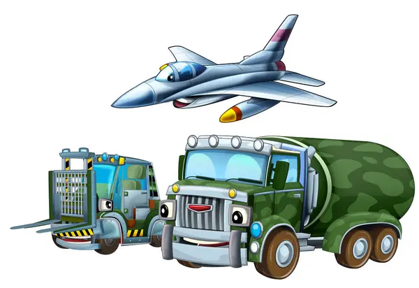 Cartoon Scene Met Twee Militaire Leger Auto Voertuigen Vliegende Straaljager Stockafbeelding