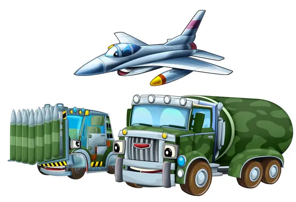 Cartoon Scene Two Military Army Cars Vehicles Flying Jet Fighter Imagen de stock