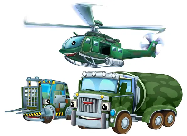 Cartoon Scene Two Military Army Cars Vehicles Flying Helicopter Theme Fotos de stock