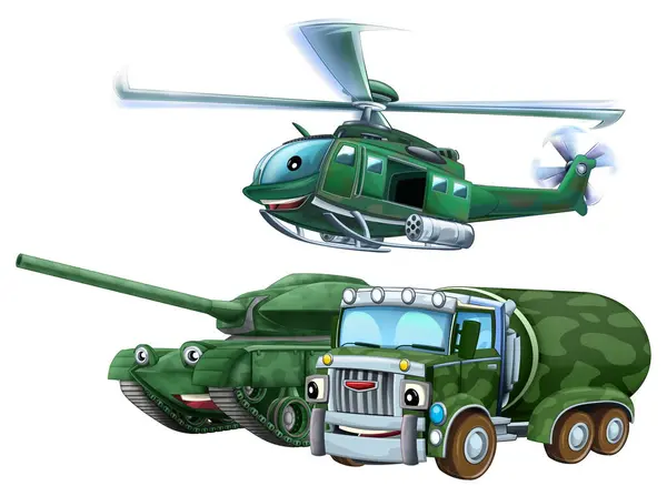 Cartoon Scene Two Military Army Cars Vehicles Flying Helicopter Theme Stock Image