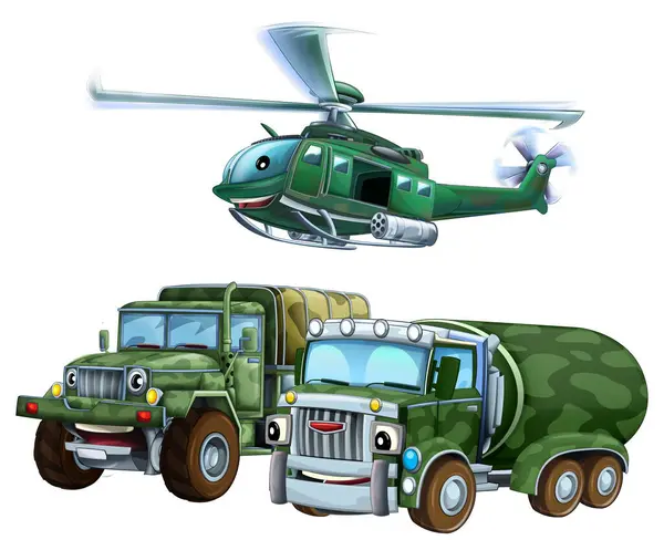 Cartoon Scene Met Twee Militaire Leger Auto Voertuigen Vliegende Helikopter Rechtenvrije Stockafbeeldingen