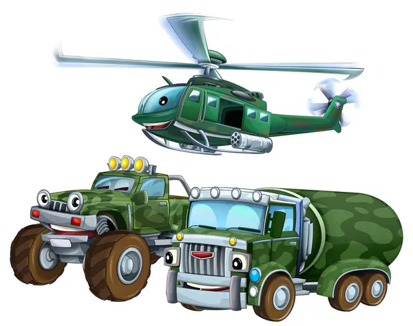 Cartoon Scene Met Twee Militaire Leger Auto Voertuigen Vliegende Helikopter Stockfoto
