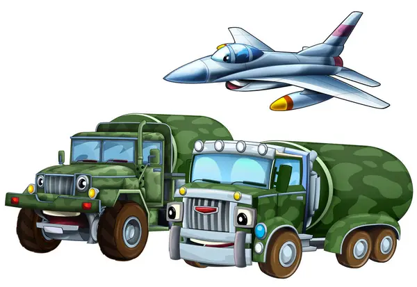 Cartoon Scene Met Twee Militaire Leger Auto Voertuigen Vliegende Straaljager Rechtenvrije Stockafbeeldingen
