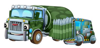 Forklift temalı iki askeri araçlı karikatür sahnesi çocuklar için izole edilmiş.