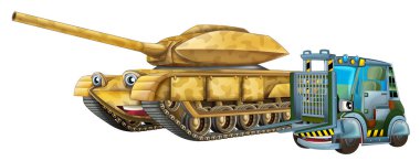 Forklift temalı iki askeri araçlı karikatür sahnesi çocuklar için izole edilmiş.