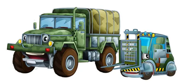 Forklift Temalı Iki Askeri Araçlı Karikatür Sahnesi Çocuklar Için Izole — Stok fotoğraf