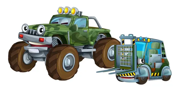 子供のためのフォークリフトのテーマの隔離された背景のイラストが付いている2つの軍隊車車が付いている漫画のシーン ストックフォト