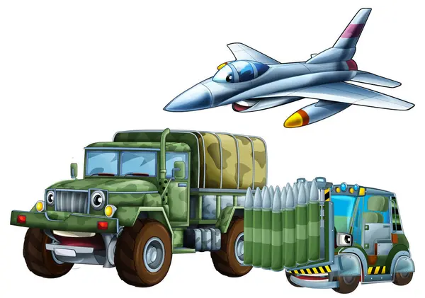 Askeri Araçlı Karikatür Sahnesi Forklift Uçan Jet Savaş Uçağı Mekanik — Stok fotoğraf