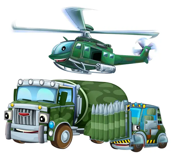 Iki Askeri Araçlı Karikatür Sahnesi Forklift Uçan Makine Helikopter Mekanik — Stok fotoğraf