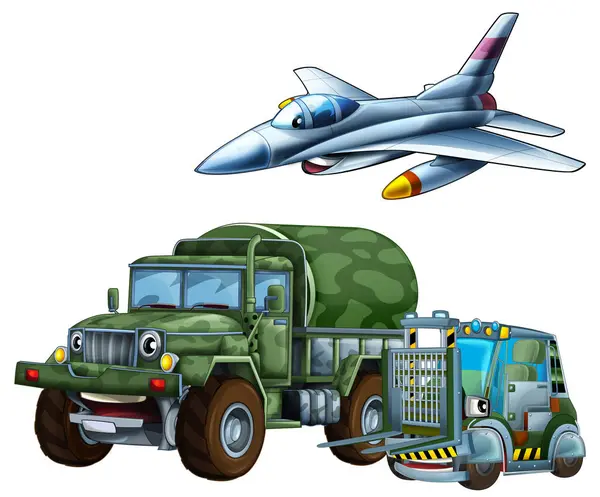 Cartoon Scene Met Twee Militaire Leger Auto Voertuigen Tank Reservoir Stockafbeelding
