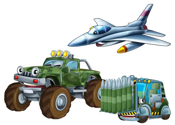 Cartoon Scene Two Military Army Cars Vehicles Tank Cistern Forklift Royalty Free Stock Images