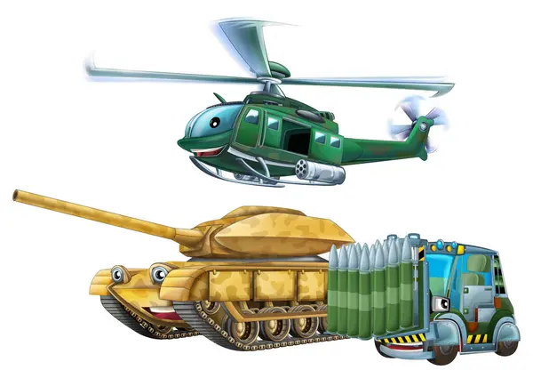 Мультяшна Сцена Двома Військовими Машинами Танкова Цистерна Навантажувачем Літаючим Вертольотом Ліцензійні Стокові Зображення