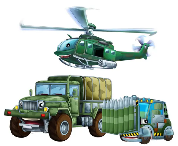 Мультяшна Сцена Двома Військовими Машинами Танкова Цистерна Навантажувачем Літаючим Вертольотом Стокове Зображення