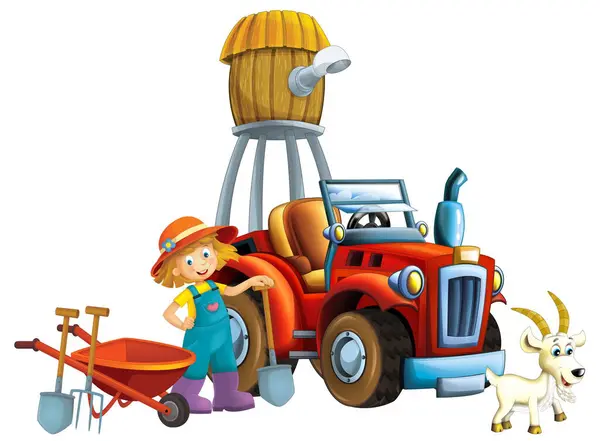 Cartoon Scene Young Girl Wheelbarrow Tractor Car Different Tasks Farm — Stock Photo, Image