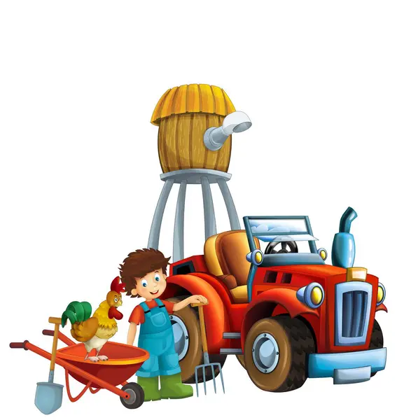 Kreslený Scéna Mladý Chlapec Blízkosti Kolečko Traktor Auto Pro Různé — Stock fotografie