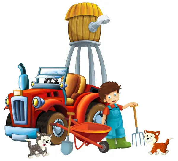Adegan Kartun Anak Muda Dekat Gerobak Dorong Dan Mobil Traktor Stok Lukisan  