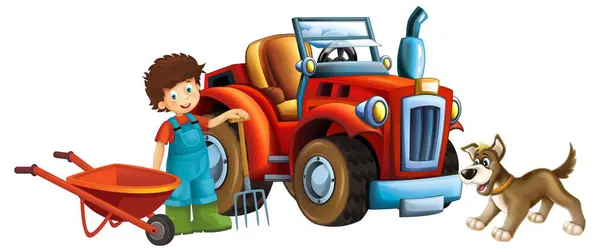 Adegan Kartun Anak Muda Dekat Gerobak Dorong Dan Mobil Traktor Stok Foto