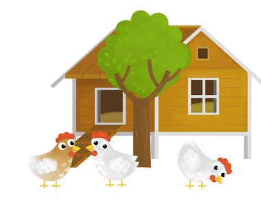 Çiftlik elementlerinin olduğu çizgi film sahnesi ahşap ev tavuk kümesi horoz tavukları çocuklar için izole arka plan çizimleri
