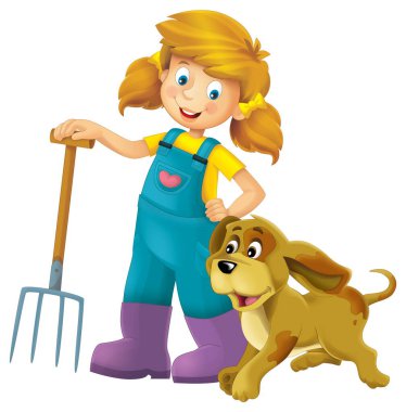 Çiftçi kızın elinde yaba ve çiftlik hayvanlarıyla durduğu karikatür sahnesi çocuklar için izole edilmiş arka plan çizimi.