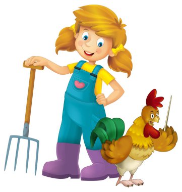 Çiftçi kızın elinde yaba ve çiftlik hayvanlarıyla durduğu karikatür sahnesi çocuklar için izole edilmiş arka plan çizimi.
