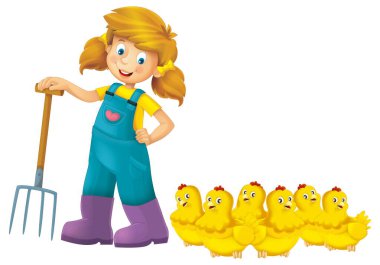 Çiftçi kızın elinde yaba ve çiftlik hayvanı tavuk yavrusuyla durduğu karikatür sahnesi. Yavru horozlar çocuklar için izole edilmiş arka plan çizimleri.