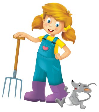 Çiftçi kızın elinde yabayla durduğu karikatür sahnesi ve fare fare faresi faresi çocuklar için izole edilmiş arka plan çizelgesi.