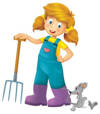Çiftçi kızın elinde yabayla durduğu karikatür sahnesi ve fare fare faresi faresi çocuklar için izole edilmiş arka plan çizelgesi.