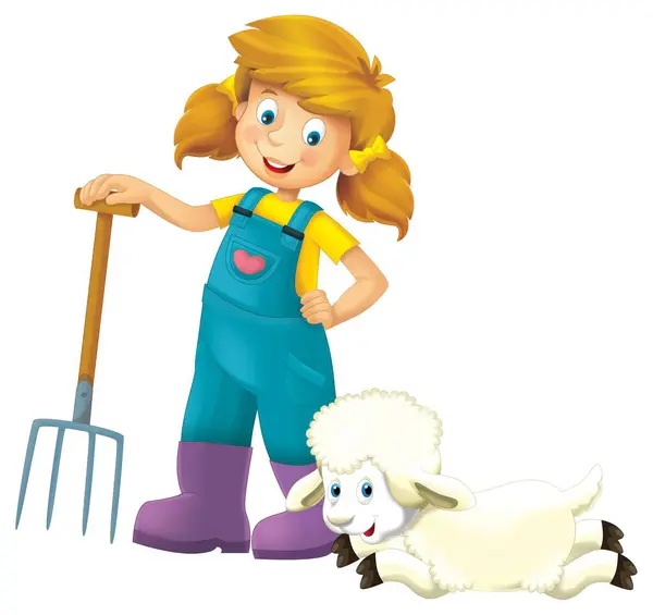 子供のためのピッチフォークと農場の動物の羊の隔離された背景の悪夢と立っている農家の少女との漫画のシーン — ストック写真