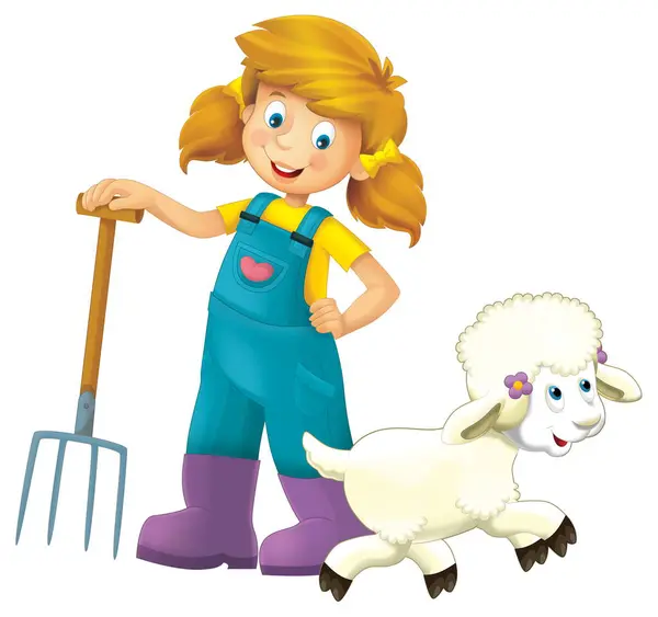 子供のためのピッチフォークと農場の動物の羊の隔離された背景の悪夢と立っている農家の少女との漫画のシーン — ストック写真