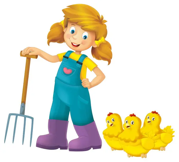 Cartoon Scene Farmer Girl Standing Pitchfork Farm Animal Chicken Young — Stock Photo, Image